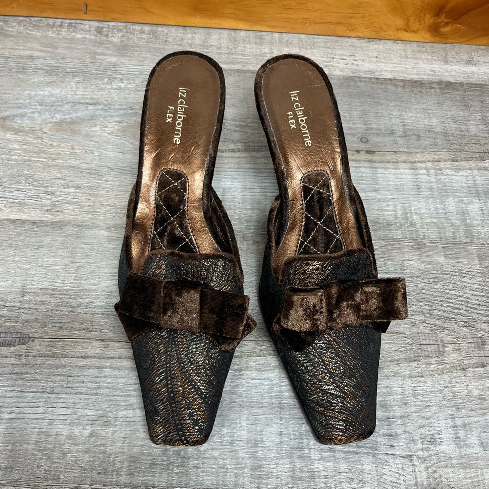 Vintage Liz Claiborne velvet paisley mule kitten heels 8.5 bow square toe grunge - Picture 2 of 8